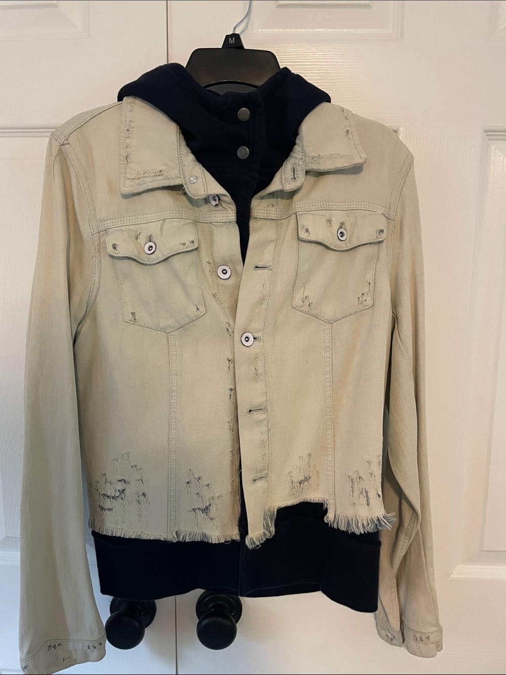 Free People Distressed Light Beige Jean Jacket with Black Hood